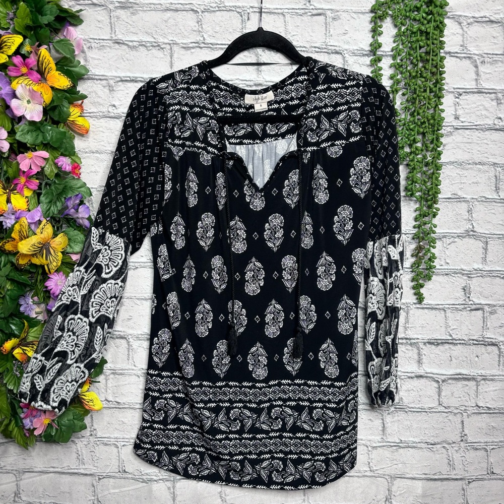 b🌼3/$30🌼Style & Co Black Printed Long Sleeve Blouse Size Small - Picture 2 of 16